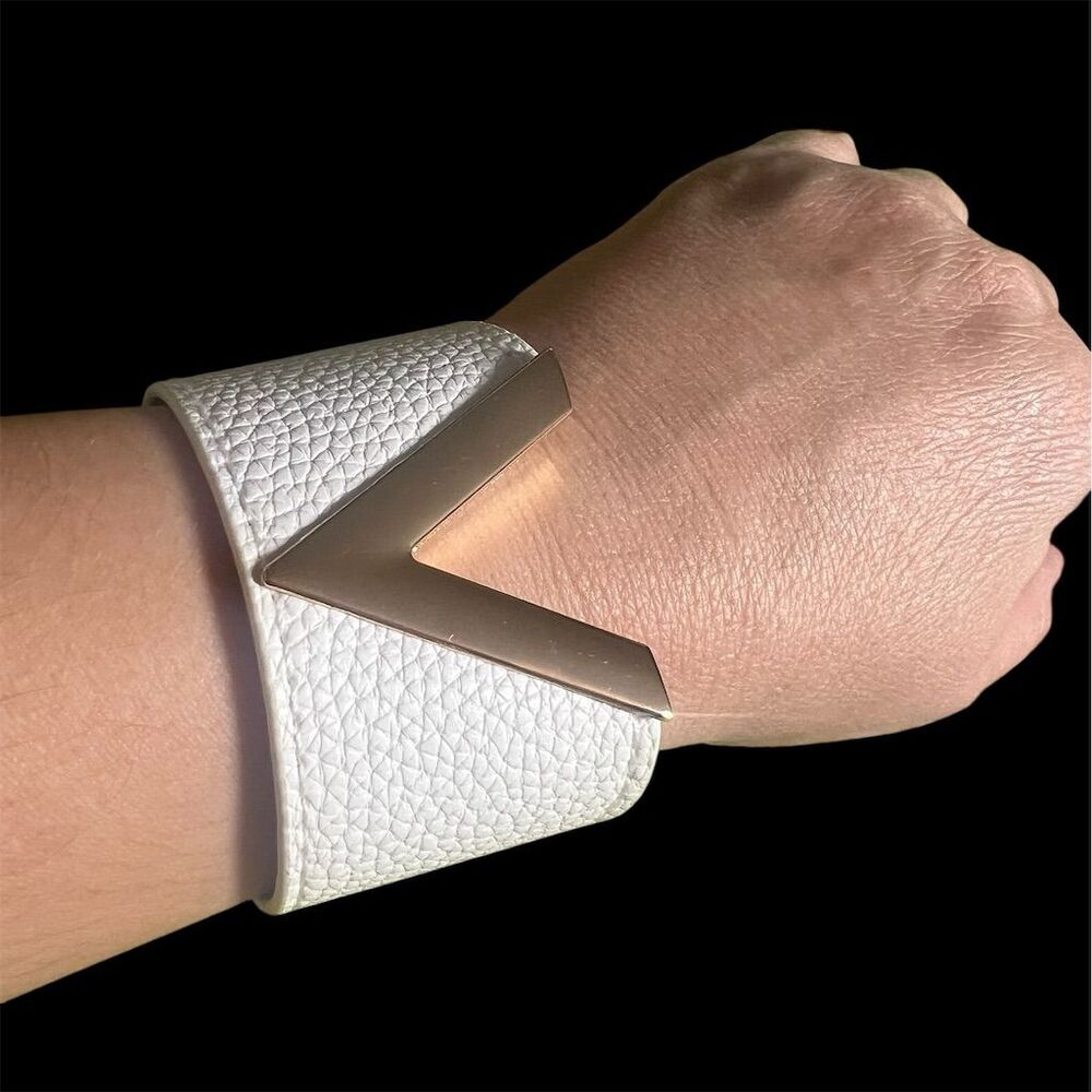 White Pleather Cuff Bracelet with Gold Accent